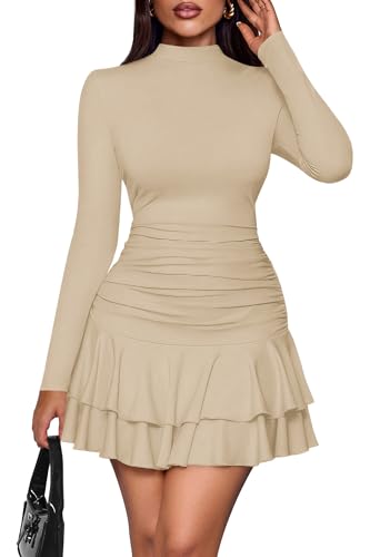 PRETTYGARDEN Womens Spring Long Sleeve Dresses 2026 Mock Neck Ruched Y2K Clothes Ruffle Layered Bodycon Mini Party Dress(Beige,Medium)