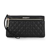 DOB SECHS Black Quilted Wristlet Purses for Women, Small Leather Handbags Purse with Front Pocket Slim Envelope Clutch Wallet Pouch Bags with 3 Card Slots, Black