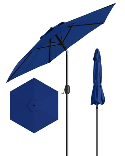 7.5FT Outdoor Patio Umbrella Table Market with Push Button Tilt and Crank, 6 Sturdy Ribs UV Protection Waterproof for Garden, Deck, Backyard, Pool (Navy Blue)
