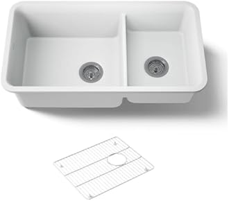 KOHLER K-8204-CM6 Cairn Sink, 33" Neoroc Composite Undermount Double-Bowl Kitchen Sink, Composite Kitchen Sink with Sink Rack, Matte White