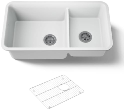 KOHLER K-8204-CM6 Cairn Sink, 33" Neoroc Composite Undermount Double-Bowl Kitchen Sink, Composite Kitchen Sink with Sink Rack, Matte White