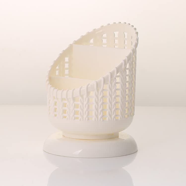 REVGOZU Small and Portable Desktop Stationery Plastic Storage Box Large Partition Hollowed Out Pen Holder Imitation Rattan Desktop Storage Bucket Countertop Storage Basket (white)