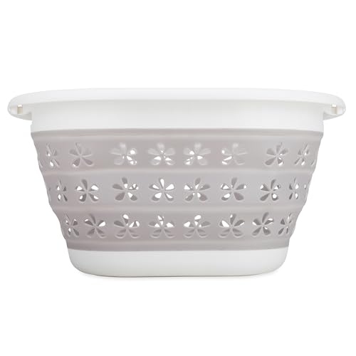 Camco-Collapsible-Laundry-Basket-Small-TaupeWhite-Pop-Open-Waterproof-Plastic-Bin-with-Handles-for-Home-Dorm-RV-Storage