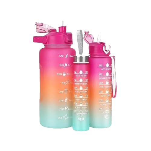 PNJB 3 Pcs Drinking Bottle with Convenient Straw Set, Leakproof and Portable 2L, 700ML, 300ML, Equipped with Time Markings and Motivational Quotes, (Pink)
