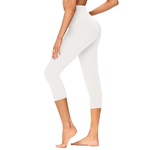 GAYHAY High Waisted Capri Leggings for Women - Soft Slim Yoga Pants for Running Cycling Workout No Pockets Small-Medium B-white