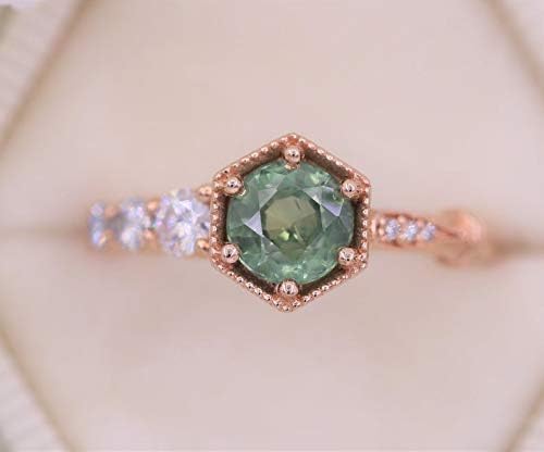 Teal Montana Sapphire Ring, 1 carat Montana Sapphire Engagement Ring, One Of A Kind Cluster Ring, Teal Green Sapphire Hexagon Ring