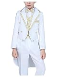 Boys Tuxedo Suit 3PC Tailcoat Set Satin Notch Lapel Golden Trim Jacket Vest Pants for Piano Recital White Gold 7
