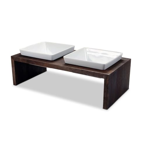 Replus | Futterstation Meshidai Doppelnapf in Walnuss | L 52 x B 26 x H 15 cm, 2 x 900 ml