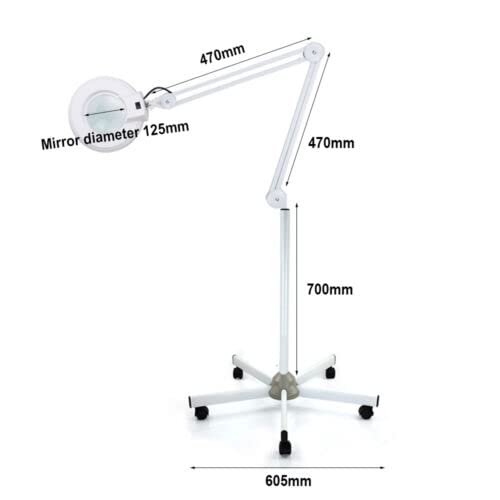 Lampa z lupą, 5 x LED, lupa ze światłem i stojakiem, lampa stojąca, lampa kosmetyczna, regulowana metalowa rama, ramię nośne i ruchome koło do studia kosmetycznego w domu, 24 W