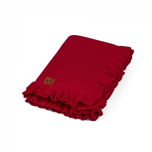 SWaddle AN Ruffle Knit Blanket for Baby - 100% Luxury Soft Cotton Knit Warm Cozy Cuddle Stroller Crib Blanket for Newborns Infants & Toddlers (Red X-mas)