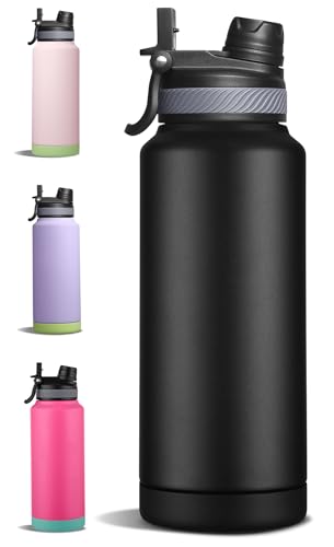 EIFFELTON 32 oz Insulated Sports Water Bottle with Straw, Vacuum Stainless Steel Water Flask with Handle, Thermal Metal Water Cup Mug with 2-in-1 Lid, Black