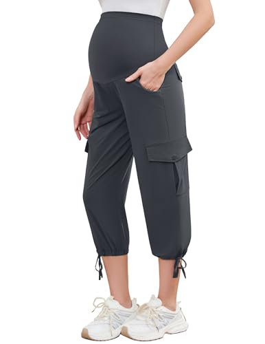 POSHGLAM Women's Maternity Cargo Capris Pants with 4 Pockets Quick-Dry Lightweight Summer Hiking Active Pants (Dark Grey, Medium)