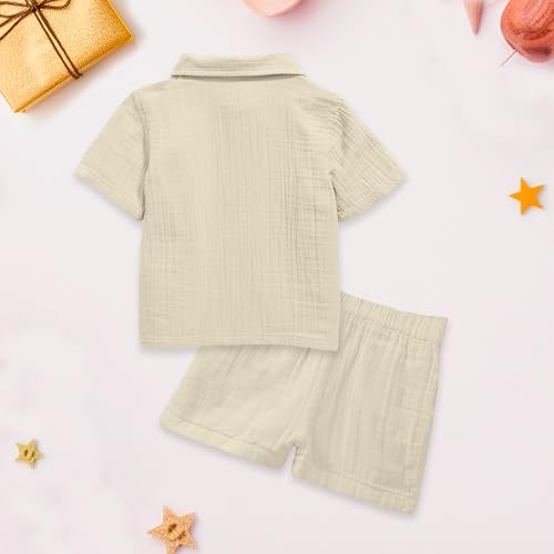 Image of Kidbea Boys Organic Cotton Shirt & Shorts with Bow | Soft Breathable Summer Co-Ord Outfit for Kids Casual Clothing Set (Off-White, 4-5 Years)
