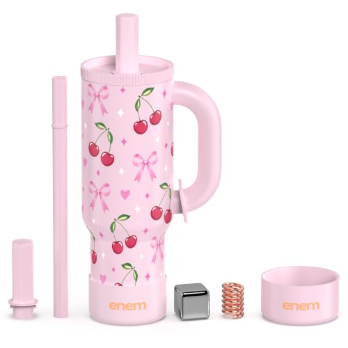 Image of enem Cherry Blossom Plugged Straw Tumbler with Handle, Stainless Steel Large Travel Mug Water Cup, Mug Travel with 1 Metal Ice Cube, 1 Copper Spring (Tamba) & Base Protector, 1.2L