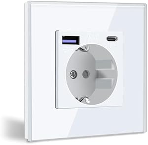 BSEED Enchufe de Pared con USB C 20W, Blanco Schuko Enchufe con Cargador Rápido USB Tipo C, 1 Gang Toma de Corriente con 2xCargadores USB y Typ C, Enchufe Integrado Adecuado