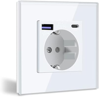 BSEED Schuko Steckdose mit USB C 20W Schnellladegerät USB Type C Wandsteckdose mit Glas Panel, USB Steckdose Unterputz, Einbausteckdose Geeignet für Phone, Pad,MP3 und mehr-Weiß