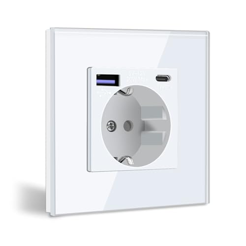 BSEED Schuko Steckdose mit USB C 20W Schnellladegerät USB Type C Wandsteckdose mit Glas Panel, USB Steckdose Unterputz, Einbausteckdose Geeignet für Phone, Pad,MP3 und mehr-Weiß