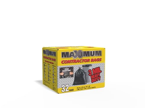 Maximum Contractor Garbage Bags – 3 mil Heavy Duty – 32 Count – Extra Large Black Trash Bags – Tear Resistant – Industrial Strength - Made in Canada