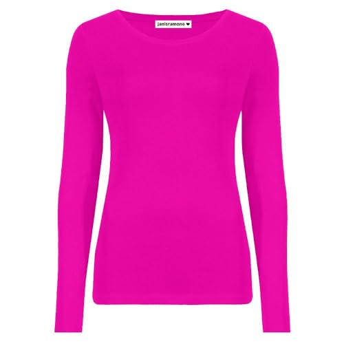 Image of janisramone Womens Ladies Round Neck Long Sleeve T-Shirt Stretchy Plain Fitted Basic Jersey Casual Tee Top Neon Pink