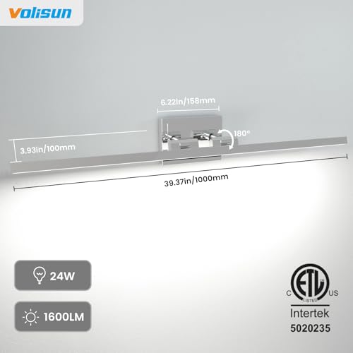 VOLISUN Modern Bathroom Vanity Light 39.4 inch, Rotatable, 24W Dimmable 5CCT Led Bathroom Light Fixture Over Mirror, Chrome Vanity Light for Bathroom Mirror Cabinets-ETL Certificated