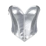 WERFORU Women PU Leather Corset Top Lace-up Tied Underbust Halloween Costume Waspie Steampunk Zipper Bustier for Ladies,Silver,XL