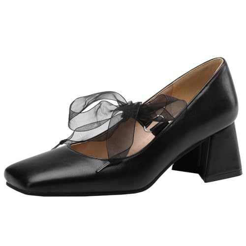 Womens Square Toe Pumps Block Heel Dress Shoes with Ribbon