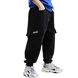 Pantalones Cargo Niño 4-14 Años Invierno Cálido Forro Polar Pantalón de Trabajo Slim Fit Casual Cintura Elastica Pantalon Trekking Adolescente Baggy Stretch Comodo Jogger Sport (Negro, 8-10 años)