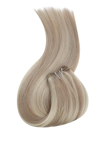 Image of Full Shine Sew In Hair Extensions Real Human Hair 12 Inch 80G Ash Blonde | Invisible Weft Extensions, Soft Straight Hair, color Ash Blonde Highlight Bleach blonde, Short Daily Wear, Women Looks