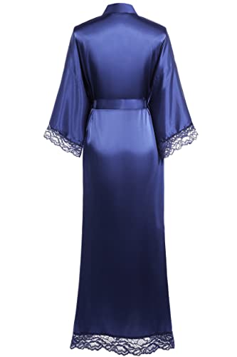 Coucoland Kimono Robe de Chambre longue Satin Robe de Nuit avec Bordure en Dentelle pour Femme Taille Unique (Bleu) – vue 2