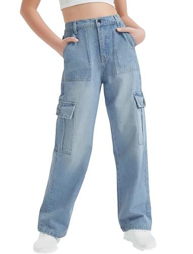 EXARUS Girls Jeans Cargo Baggy Wide Leg Teen Denim Pants High Elastic Waistband Straight with Pockets Youth Casual 8-14Y