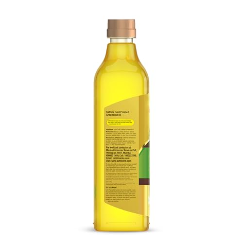 Image of Saffola Cold Pressed Groundnut Oil | 100% Cold Pressed Groundnut Oil | Helps Lower Cholesterol, Goodness of Omega 6 & Authentic Seed Flavour | 1L Pet Bottle (Pack of 5)