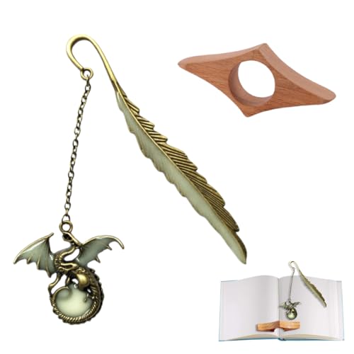 WeddHuis 1 pieza marcapáginas de metal luminoso, 3D Flying Dragon Charm, Oro, viene con un libro de madera presionando el dedo Cierre, Vintage Glow in the Dark Bookmark, Cumpleaños