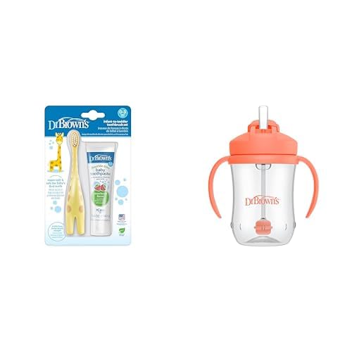 Dr. Brown's Infant-to-Toddler Training Toothbrush Set Fluoride-Free Baby Toothpaste, Strawberry & Milestones Baby’s First Straw Cup, Cup Weighted Straw, Coral, 6m+