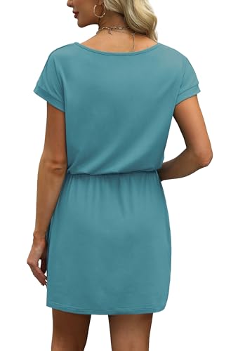 Image of OFEEFAN Summer Dresses for Women 2026 V Neck T Shirt Casual Mini Dresses Tie Waist Sundresses with Pockets