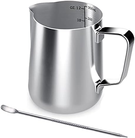 Stainless Steel Milk Jug, 350ML Handheld Coffee Creamer Milk Frothing Pitcher Jug Cup with Measurement Mark and Latte Art Pen, Milk Pitcher Jugs Perfect for Barista Cappuccino Espresso Making