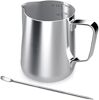 Stainless Steel Milk Jug, 350ML Handheld Coffee Creamer Milk Frothing Pitcher Jug Cup with Measurement Mark and Latte Art Pen, Milk Pitcher Jugs Perfect for Barista Cappuccino Espresso Making