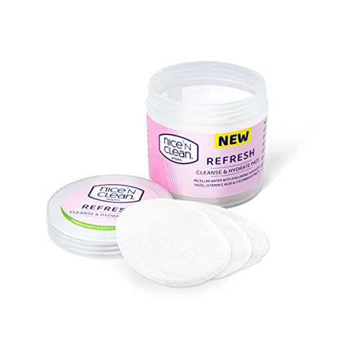 Nice 'N Clean Refresh Cleansing Pads with Micellar Water & Hyaluronic Acid and Vitamin E to Gently Cleanse and Hydrate Skin, Face Wipes, Make Up Wipes, Biodegradable, Plastic Free Pads 60 x Pads