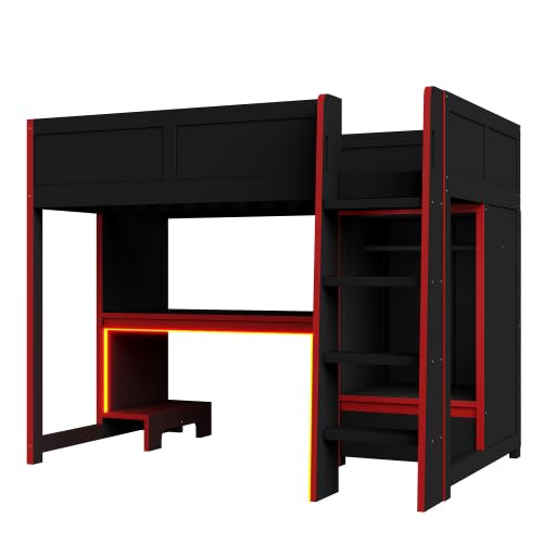 Image of Harper & Bright Designs Twin Size Gaming Loft Bed with Built-in Desk & LED Lights, Wooden Loft Bed with Wardrobe & Storage Drawer, Black