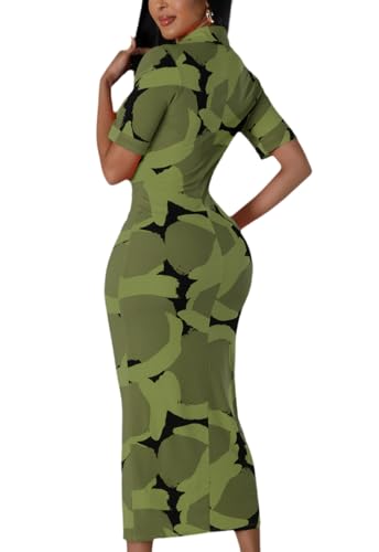 Image of ZERMOM Women's Button Down Shirt Dress Short Sleeve Print Collar V Neck Summer Bodycon Midi Dresses