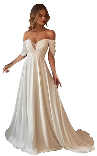 cantcauli Simple Chiffon Wedding Dresses for Bride Off Shoulder Sweetheart A Line Sleeveless Boho...