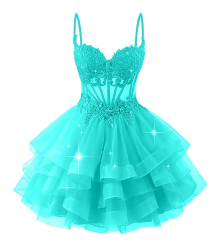 Sparkly Tiered Tulle Homecoming Dress Spaghetti Straps Lace Applique Short Prom Dress for Teens Quinceanera DAMA Dress Turquoise