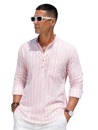 Image of Majestic Man Men's Pure Cotton Striped Mandarin Collar Regular Fit Roll-Up Sleeves Short Kurta