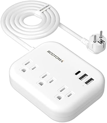 European Travel Plug Adapter with USB C, ROOTOMA Outlet Converter US to Europe 3 Outlets 3 USB Ports, International Power Strip for EU Spain France Germany Greece(Not for UK), 3ft, White.