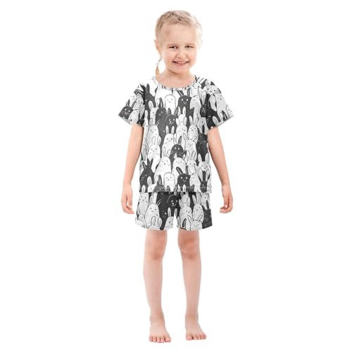 ALAZA Funny White Black Rabbit Pajamas Set Short Sleeve Cotton Sleepwear Summer Pjs 2 Piece 5-14Y3