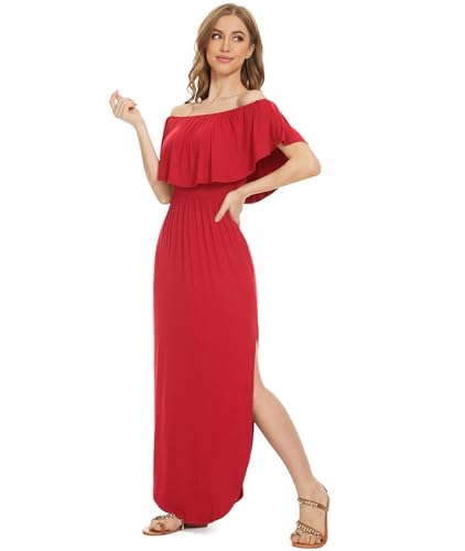Image of LILBETTER Womens Off The Shoulder Ruffle Party Dresses Side Split Beach Maxi Dress