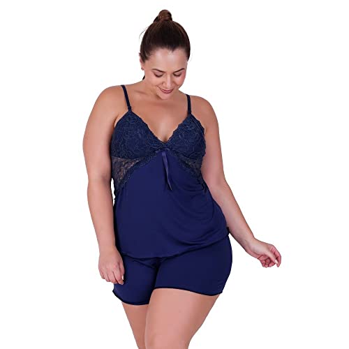 Baby Doll Feminino Plus Size Blusa e Short de Dormir Simone Tamanho:M;Cor:Azul;Genero:Mulher