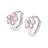 Pendientes de aro pequeños con diseño de flores pequeñas para mujer, delicados cristales de cerezo rosa, aretes de aro para cartílago pequeño, aretes de hélice chapados en plata de ley