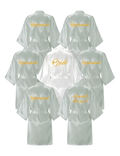 EPLAZA 7 Pcs Bride Bridesmaid Robes for Wedding Bridal Party Women Short Silky Satin Robe Kimono with Gold Glitters