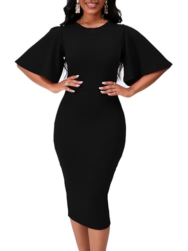 Womens Basic Bodycon Ruffle Flared Short Sleeve Pencil Midi Dress