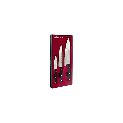 ARCOS 3-Piece Knife Set in Stainless Steel. 2 Chef Knives and 1 Paring Knife. Professional Kitchen Knives with Ergonomic Black POM Handles. Universal Series Cover